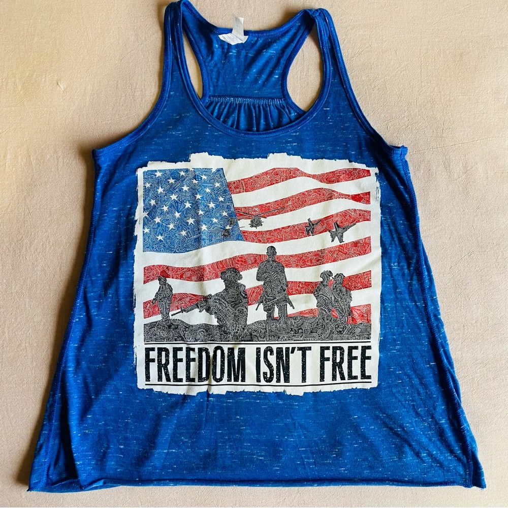 NWOT Freedom Isn’t Free Womens Tank Top, Shirt, Blue Red White, Flag, Small